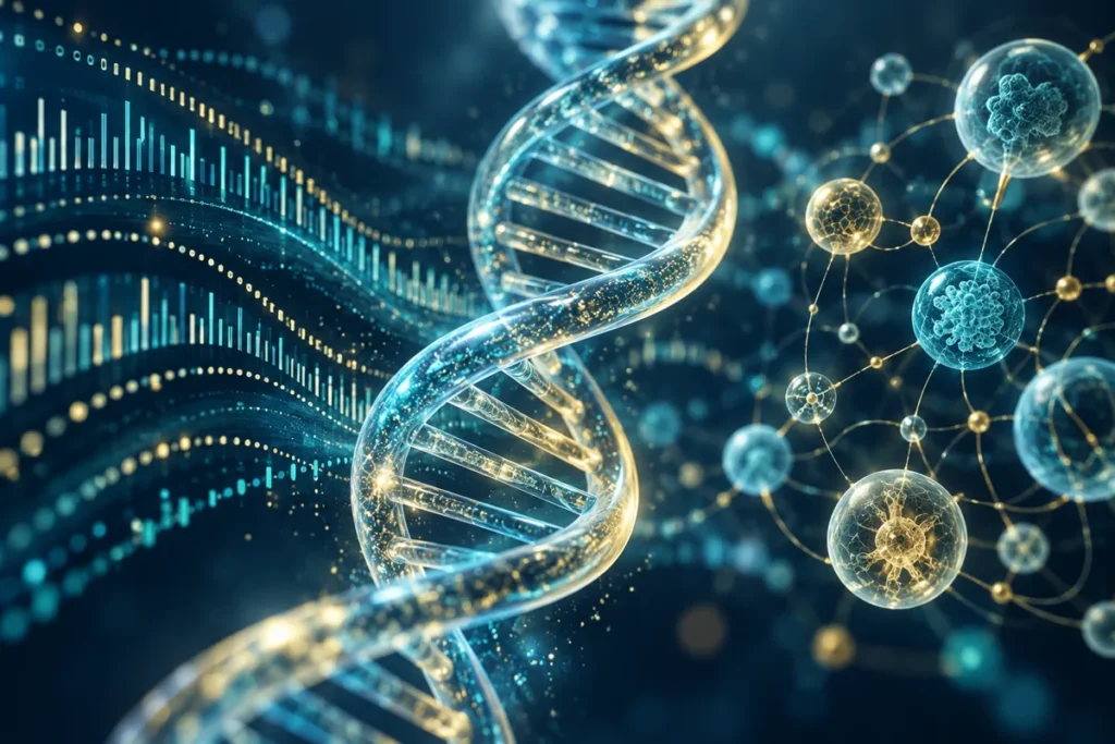 Abstract DNA helix with bioinformatics data connections
